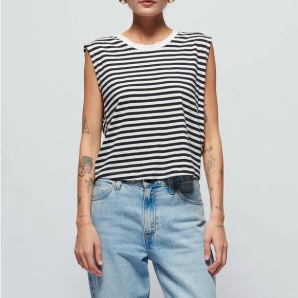 Nation LTD Collins Crewneck Muscle Tank Womens L City Stripe Black Cream - Picture 1 of 6